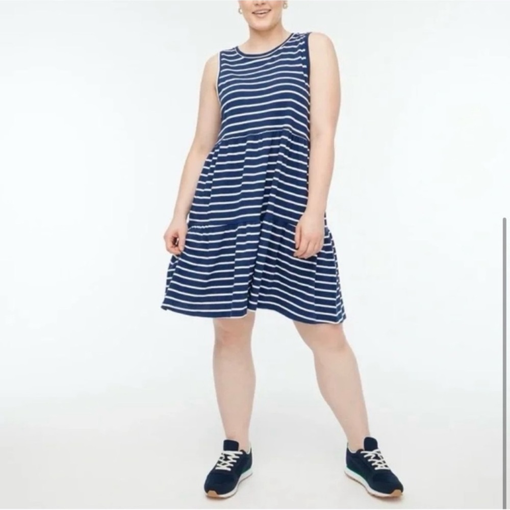 J. Crew Navy/White Striped Tiered Dress Sleeveless Knit Mini Nautical M - Picture 4 of 15